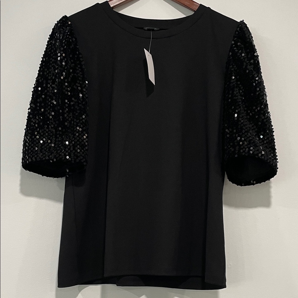 Ann Taylor Black Top with Sequin Sleeves